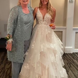 R & M RICHARDS Mother of The Bride  3-Pc. Size 14 Sequined Blue Lace Pantsuit